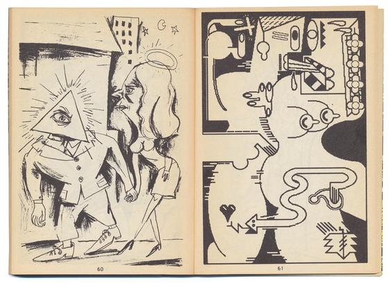 double page, imprimée en noir sur papier bouffant blanc cassé.
A gauche : un dessin. Dans la rue, Dieu (un homme en costume avec un triangle et un oeil unique à la place de la tête) donne la main à une femme blonde, plus grande que lui. L'oeil unique a le sourcil froncé et la femme n'a pas l'air de meilleure humeur. Sa tête porte une auréole. 
A droite : une scène de copulation dessinée sur ordinateur (des corps et des organes géométriques et rudimentaires, et néanmoins humides). Les deux personnages sont debout et l'homme tient un crucifix.