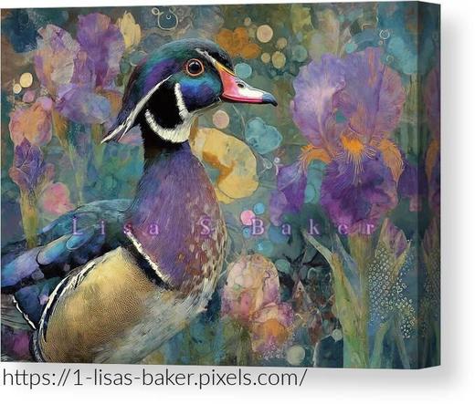 Iris Wood Duck / Duck art by Lisa S Baker. A vividly colored wood duck is surrounded by an array of irises in various shades of purple and yellow. The background features a harmonious blend of colors and abstract shapes, creating a dreamy atmosphere.