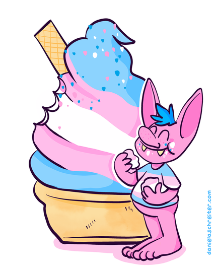 Comic Illustration: a little pink goblin, wearing a shirt in trans pride colors, is eating happily ice cream from a giant sundae. The ice cream is colored in trans pride colors too.