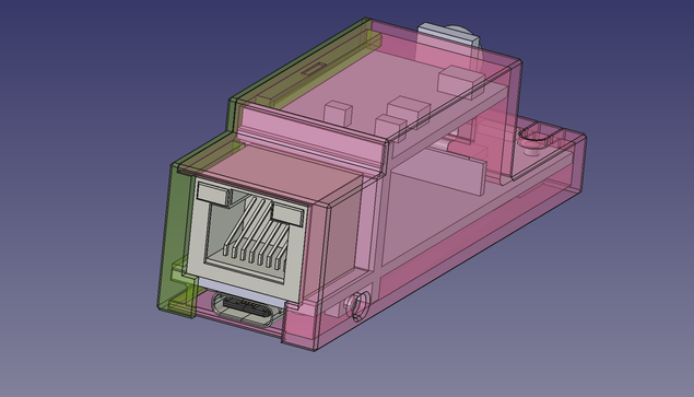 FreeCAD screenshot of the enclosure, with RJ45 and USB-C plug visible