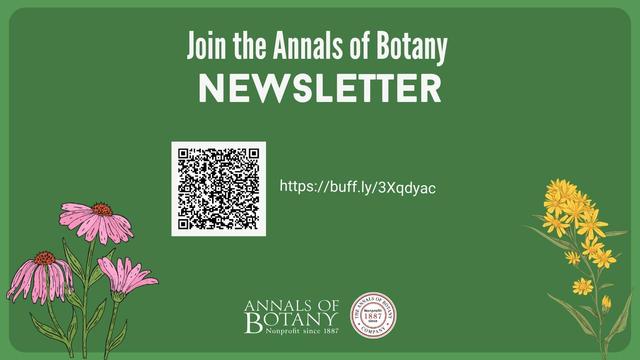 Green promotional banner inviting users to join the Annals of Botany Newsletter. Includes a QR code, the link https://buff.ly/3Xqdyac, and illustrations of pink and yellow flowers. The Annals of Botany logo appears at the bottom.