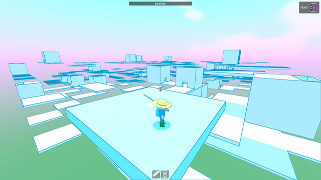 a fisherman standing in front of a randomized terrain with square house and square planes