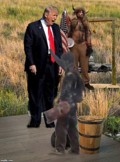 "kids are afraid of the bunny instead of the lion in the grass behind them" meme with Trump being afraid of a skater flipping his finger at the national guard instead of the QAnon shaman and the Gallows of the January 6th insurrectionists