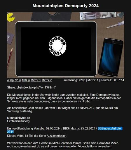 Screenshot von BBSindexTV mit dem Video der Mountainbytes Demoparty 2024. Im Text darunter ist die Aufruferzahl von 2344 hervorgehoben zu sehen