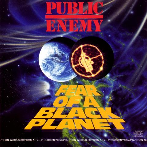The cover art of the album Fear Of A Black Planet.

The main image is an illustration of Earth with another planet overlapping it on the right which is mostly black with a large fiery Public Enemy 'target' logo on it. The background is a swirl of nebulae.

PUBLIC ENEMY is at the top in red set in the usual Stencil font used for their logo.

Under the planets is FEAR OF A BLACK PLANET stacked vertically in golden yellow and is tilted to look similar to the Star Wars opening crawls.

'...THE COUNTERATTACK ON WORLD SUPREMACY...' is repeated at the bottom in a white typewriter font.