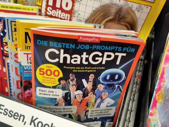Ein Regal mit Zeitschriften im Supermarkt, da wo sonst Rätselhefte stehen. Dabei sind diesmal einige Ausgaben eines Magazins, das möglicherweise "PromtPro" heißt; die große Titelzeile lautet: "Die besten Job-Prompts für ChatGPT", unterhalb  werden angepriesen "Über 500 Prompts, die Dich nach vorne bringen."