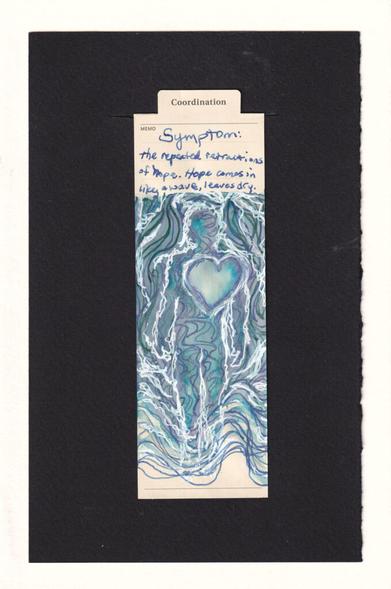 the bookmark is full of waterry shoreline art. Grey-blue with periwinkle and green shapes and white seafoam cover the human and background, washing ashore at the bottom of the bookmark. The white foam makes the shape of a human with an oversized graphic hear shape. The heart has no waves or currents, it is still.