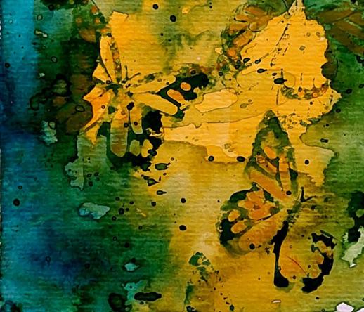 Butterflies on painted background; Shades of green, blue and yellow.