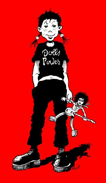 Une petite fille coiffée avec des couettes, habillée de noir,  chaussée de Doc Martens, porte sur son t-shirt l'inscription "Dolls Power". Elle tient à la main une poupée à l'effigie de Johnny Thunders, guitariste des "New York Dolls". Un hommage à ce groupe de Rock du début des années 70, précurseurs du Punk Rock.

A little girl with pigtails, dressed in black and wearing Doc Martens, wears a t-shirt with the words "Dolls Power." She holds a doll in the image of Johnny Thunders, guitarist for the "New York Dolls." A tribute to this rock band from the early 70s, precursors of punk rock.