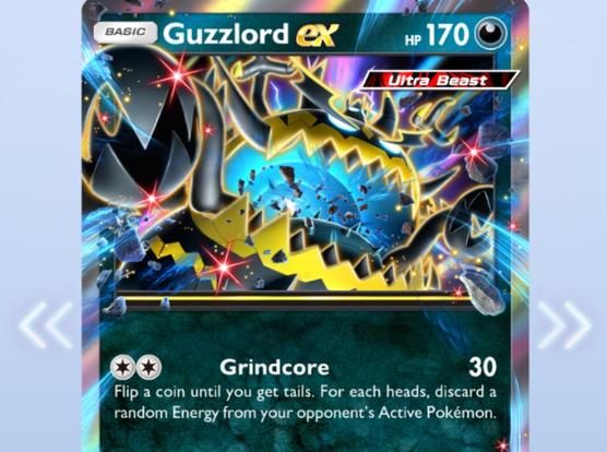 Picture of a Pokémon card for a Pokémon called Guzzlord. It has a nice called Grindcore