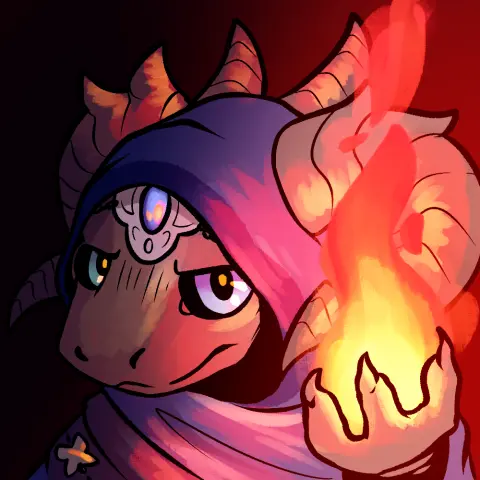 Portrait drawing of Nyx, a dark-grey anthro dragon. She's wearing a blue hood, with holes cut out through which her proud curved horns emerge. She stares grimly at the viewer, while holding a fireball in her left hand, which illuminates her visage harshly.