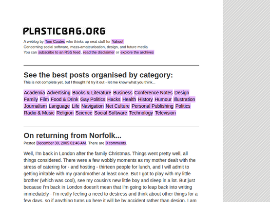 Screenshot of plasticbag.org on December 30, 2005