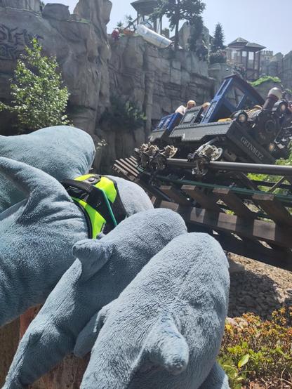 Two Smolhaj cuddly sharks and two Blåhaj cuddly sharks looking at a train shaped rollercoaster taking a sharp turn. One Blåhaj wears a haj-vis harness.

Yesss! It was big time fun!