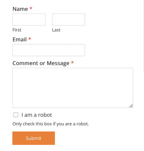 The contact form from my website that asks the normal questions with an additional checkbox to let you mark that you are a robot.