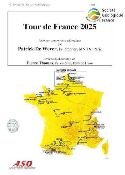 Page de garde du livret géologique du Tour de France 2025 arborant la tracé des 21 étapes sur fond de carte de France.