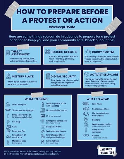 Info graphic on protest safety for more information go to this address https://acrossfrontlines.org/protestsafety