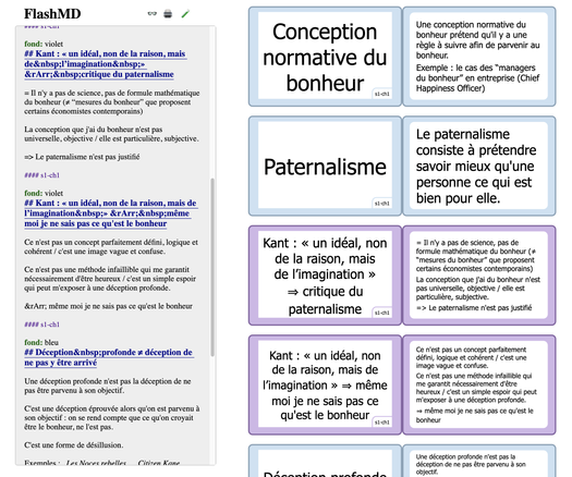 Capture d'écran de l'application, on voit un éditeur en Markdown à gauche et le rendu à droite avec des flashcards.

Le titre 2 en Markdown correspond au recto de la carte.

La suite au verso de la carte.