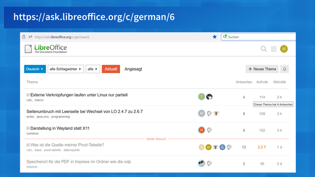 Screenshot von https://ask.libreofiice.org/c/german/6 mit einigen Fragestellungen.