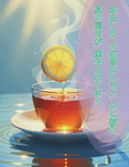 «Generated by nightcafestudio, Edit in CapCut »
Alt-TXT: A glass teacup and saucer are filled with amber-coloured liquid, and lemon juice is poured into it. A white aroma rises from the tea, illuminated by a soft light.

On the right side of the image is a tanka poem written in Japanese that reads, ”Cold-brewed buckwheat tea /A squeeze of lemon bright, /Quenches summer’s weary thirst, /Softly, sip by sip, /Relief takes flight.”
