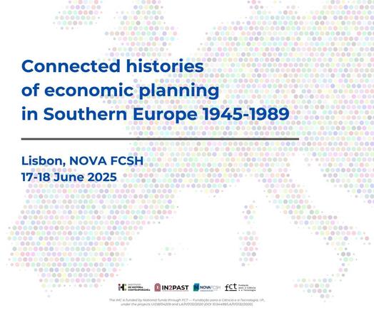 Illustrative picture for the international workshop “Connected histories of economic planning in Southern Europe 1945-1989”. Lisbon, Nova FCSH, 17 and 18 June 2025. The background is drawing of a map of Europe made of small colourful dots.