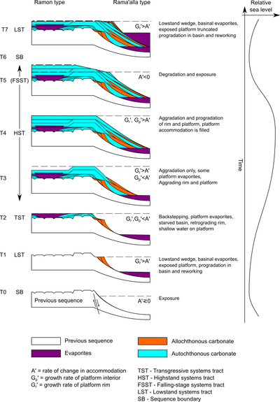 Lateral view of a deposition sequence in an epicontinental setting under different systems tracts (after: Sarg, 2001; Catuneanu 2006). A configuration relevant to that of the Israeli Late Triassic system is chosen. The sequence of events is initiated at a sequence boundary with very low sea level, enabling accumulation of evaporite in the basin, with marginal progradation during the lowstand systems tracts (LST). As sea level rises in the transgressive systems tracts (TST) the shelf is reflooded, with marginal build-up catching up, then back stepping, resulting in restriction of the more proximal area of the shelf and accumulation of shelf evaporites. The trend shifts from backstepping to aggradation at the transition to the highstand systems tracts (HST)-  carbonate deposition shifts to keep-up and expansion onto the shelf, with lateral progradation and fill of available accommodation space. As sea level begins to drop during late HST (falling stage systems tracts – FSST) the top of the sedimentary sequence becomes exposed, truncated and possibly transported into the basin, until minimal sea level is reached and the cycle reinitiates.