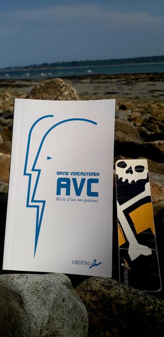 Couverture du livre de David Vercauteren, " AVC récit d'un im-patient ". Éditions Libertalia. Couverture de Bruno Bartkowiak. 
Photo prise sur une grève au bord de la mer en Bretagne Nord