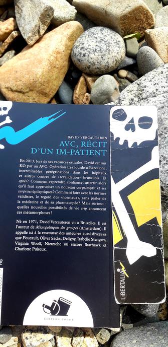 4ème de couverture du livre de David Vercauteren, " AVC récit d'un im-patient ".
Éditions Libertalia. 
Photo prise sur une grève au bord de la mer en Bretagne Nord.