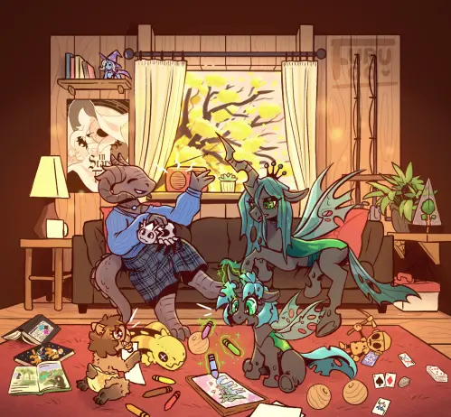 Scenic illustration of a playdate taking place in the living room of a wood cabin, basked in warm, nostalgic light, a window in the center of the drawing offers a view of the branches of an Ipê Amarelo, a tree that seasonally loses all its leaves, leaving only a lush covering of golden flowers. Nyx and Chrysalis are sat on the couch. The former is a dark grey anthro dragon, wearing a comfy blue sweater and a dark-grey plaid skirt, she smiles warmly while talking to Chrysalis, the My Little Pony character. She is also talking, though distracted, her gaze cast downwards at the kids. On the floor next to the couch are the kids. Bottle, a 2 year old anthro capybara, is excitedly showing off a drawing to Billy, her changeling friend who is also midway through a drawing of her own.

Scattered around the scene are several objects of emotional importance, from left to right, they are: Book with the corru.observer door; Book with the cover of the "Changeling Space Program" my little pony fanfic; In Stars and Time poster on the wall; figurine of Trixie, from My Little Pony; Plushie of a yellow lizard from Rain World; Kumoko from that one spider anime; WX-78 from Don't Starve; Playing cards from the videogame Balatro; and finally a terrarium containing a small tree, representing the game Terraria.