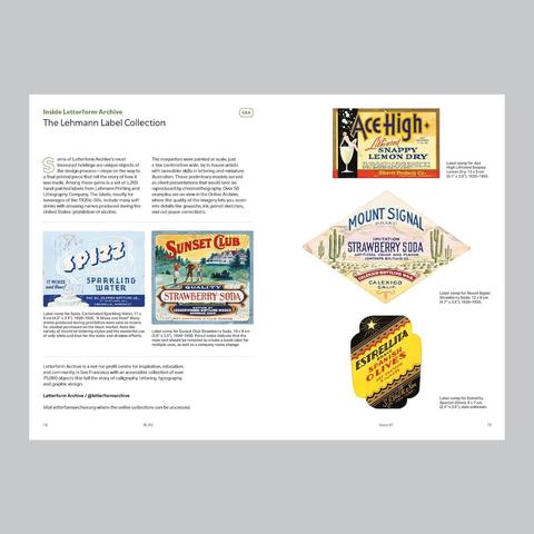 Magazine spread titled "The Lehmann Label Collection" and showing five different hand-rendered drinks labels alongside the text discussing them.