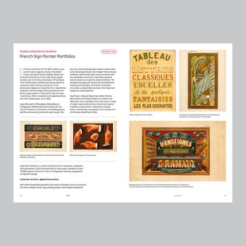 Magazine spread titled "French Sign Painter Portfolios" with a series of five pictures of pages from old sign and lettering books. These feature lettering, exuberant lettering efects and graphics, and pictorials alongside the text discussing them.