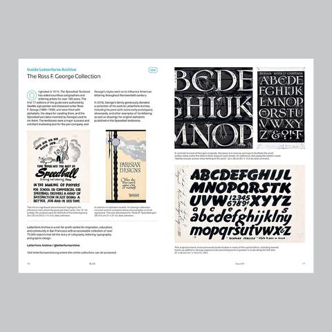 Magazine spread titled "The Ross F. George Collection" with pictures of showcards and alphabets hand-lettered in different styles alongside the text discussing them.