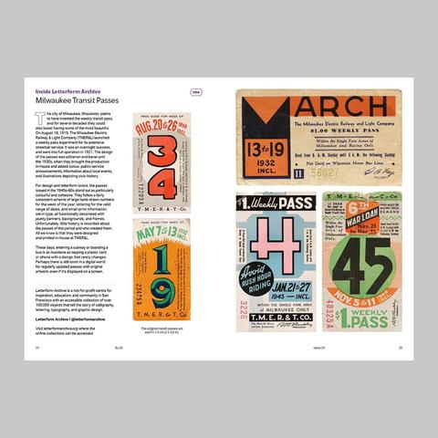 Magazine spread titled "Milwaukee Transit Passes" with pictures of blown up transit passes with striking lettering and layouts alongside the text discussing them.