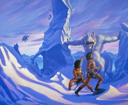 Two scantily clad Barsoomian men carrying laser pistols are caught by surprise on a polar landscape by a large wooly beast. The creature has a body like a yeti, covered all in white fur, but its lower half is four-legged like a stocky pachyderm. It has large insectile eyes and rhino-like horns protruding from its snout. Two tusks extend from the corners of its mouth, which is open exposing uneven pointed teeth.