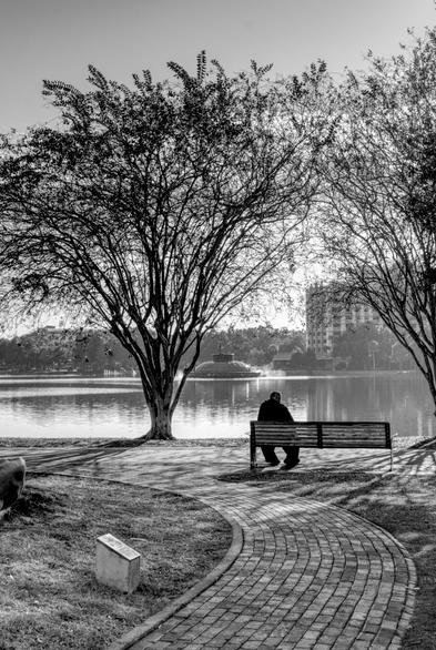 black and white photo of a person sitting on a bench near a lake, with the morning sunlight in Lake Eola Park, which is a park in the center of Orlando, Florida.