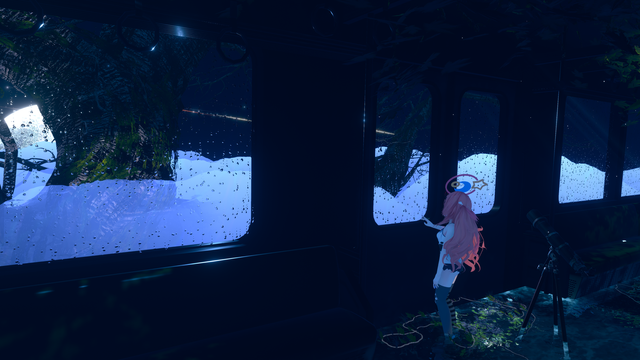 This is a view of the inside of a train, with water covering the floor. From the outside, it looks like the train is above the clouds. Near a telescope, an avatar is looking out.