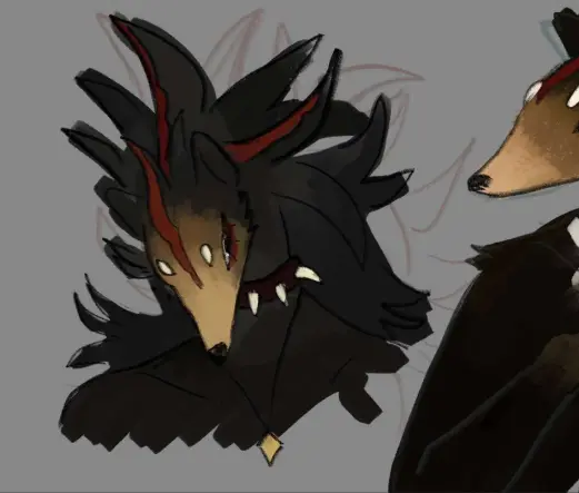 digital drawing of shadow the hedgehog. the style is different than the source material, with long pointy shapes making up the design. the colors are muted.