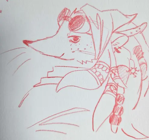 traditional drawing of knuckles the echidna. the style is different than the source material. he is wearing goggles with a scarf over the straps of the goggles. he has beads, charms, and cuffs over his quills.