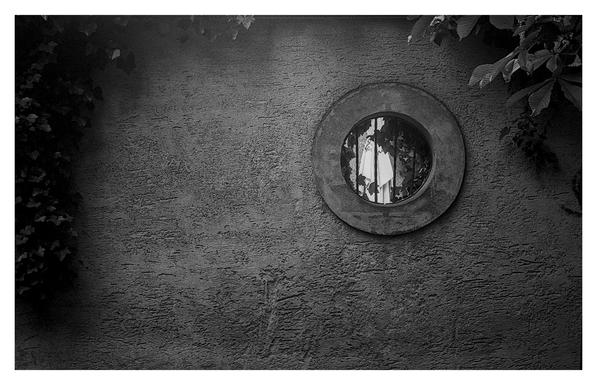 Black and white photograph of a textured stucco wall with a round window on the right side. Through the window a white umbrella can be seen inside the patio, framed by leafy branches hanging from above and the sides.