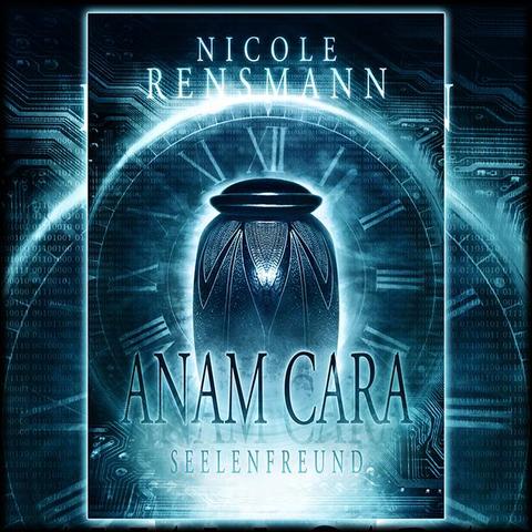 Buchcover ANAM CARA. Eine Urne umgeben vom Ziffernblatt einer Uhr.