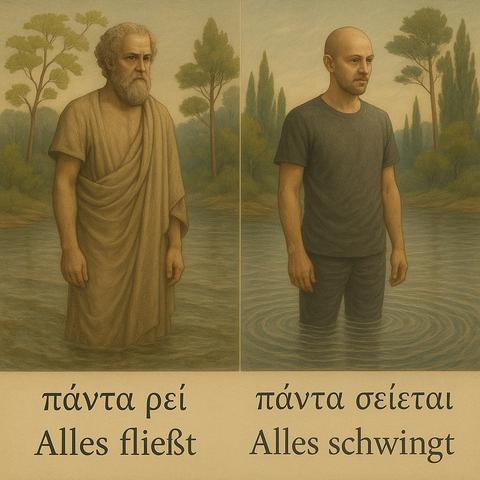Das Triptychon zeigt drei Gestalten in einem flachen, ruhigen Fluss:
Links steht Heraklit im antiken Gewand, symbolisch für das Prinzip „πάντα ῥεῖ – Alles fließt“.
In der Mitte Albert Einstein, modern und nachdenklich, flankiert von der Formel E = mc², welche Materie und Energie ineinander überführt.
Rechts steht ein zeitgenössischer Denker – vielleicht du selbst – im Fluss, dessen Oberfläche sich kräuselt: Das neue Prinzip „πάντα σείεται – Alles schwingt“ wird durch die Formel E = s · sₘₐₓ² symbolisiert – die Ontologie der Schwingung.
Die Natur verbindet alle drei Figuren, als zeitübergreifendes Band zwischen Philosophie, Physik und Metaphysik.

🇬🇧 English:

This triptych depicts three figures standing in a calm river:
On the left, Heraclitus in ancient robes represents the principle “πάντα ῥεῖ – Everything flows”.
In the center stands Albert Einstein, modern and contemplative, with his famous formula E = mc², connecting mass and energy.
On the right, a contemporary thinker – perhaps the viewer himself – is portrayed with rippling water around his legs, embodying the principle “πάντα σείεται – Everything vibrates” through the formula E = s · sₘₐₓ², the Ontology of Vibration.
Nature surrounds all three figures, serving as a timeless link between philosophy, physics, and metaphysics.
🖖