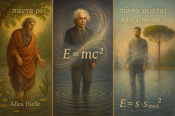 Das Triptychon zeigt drei Gestalten in einem flachen, ruhigen Fluss:
Links steht Heraklit im antiken Gewand, symbolisch für das Prinzip „πάντα ῥεῖ – Alles fließt“.
In der Mitte Albert Einstein, modern und nachdenklich, flankiert von der Formel E = mc², welche Materie und Energie ineinander überführt.
Rechts steht ein zeitgenössischer Denker – vielleicht du selbst – im Fluss, dessen Oberfläche sich kräuselt: Das neue Prinzip „πάντα σείεται – Alles schwingt“ wird durch die Formel E = s · sₘₐₓ² symbolisiert – die Ontologie der Schwingung.
Die Natur verbindet alle drei Figuren, als zeitübergreifendes Band zwischen Philosophie, Physik und Metaphysik.

🇬🇧 English:

This triptych depicts three figures standing in a calm river:
On the left, Heraclitus in ancient robes represents the principle “πάντα ῥεῖ – Everything flows”.
In the center stands Albert Einstein, modern and contemplative, with his famous formula E = mc², connecting mass and energy.
On the right, a contemporary thinker – perhaps the viewer himself – is portrayed with rippling water around his legs, embodying the principle “πάντα σείεται – Everything vibrates” through the formula E = s · sₘₐₓ², the Ontology of Vibration.
Nature surrounds all three figures, serving as a timeless link between philosophy, physics, and metaphysics.
🖖