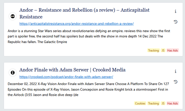 Two search results for "who wrote nemik's manifesto" at https://marginalia-search.com/. Each result has tags that list properties of the resulting website. The page says that "Andor –­ Resistance and Rebellion (­a review)­" contains tracking, javascript, and ads, while "Andor Finale with Adam Serwer" uses cookies, tracking, javascript, and ads.