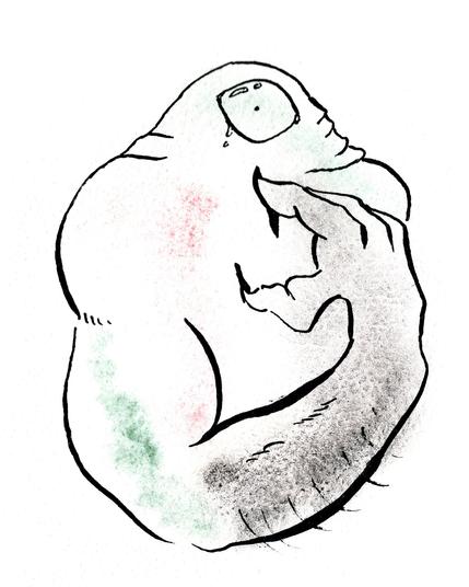 petit cyclope à l'aquarelle et à l'encre dans les tons noirs, vert et rouge, il pleure en enfonçant ses longs doigts dans son torse