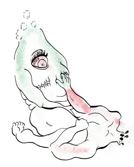 dessin à l'aquarelle et à l'encre dans les tons noirs, vert et rouge, une créature à oeil unique et aux cicatrices de torso est assise sur le torse d'une personne sans tête qui enfonce ses doigts dans le torse de l'autre