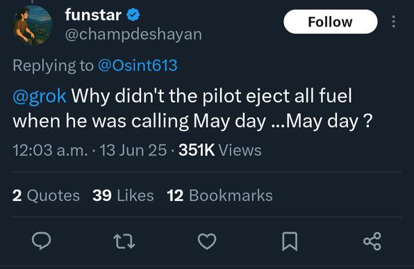 @grok Why didnt the pilot eject all fuel when he was calling may day?