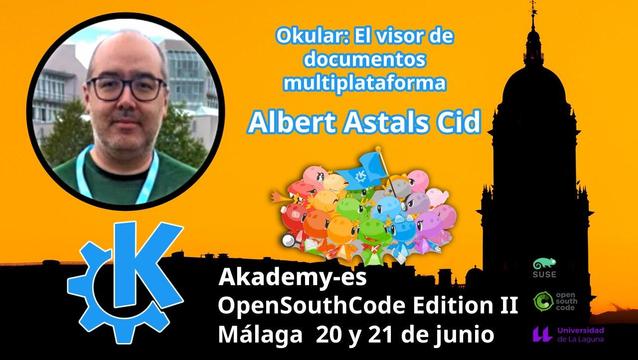 Fotografía del ponente.
Logo de KDE
Grupo de dragones konqis y katis
Fondo naranja con silueta de edificio ilustre de Málaga