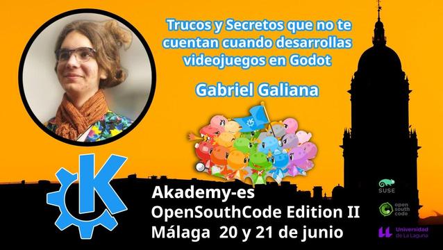 Fotografía del ponente.
Logo de KDE
Grupo de dragones konqis y katis
Fondo naranja con silueta de edificio ilustre de Málaga