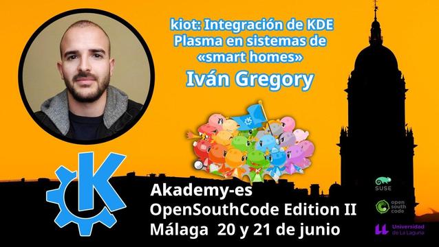 Fotografía del ponente.
Logo de KDE
Grupo de dragones konqis y katis
Fondo naranja con silueta de edificio ilustre de Málaga