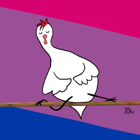 Sarjakuva Vika-kanasta. Kana nukkuu tangon päällä hyvin vinossa. Toinen jalka on suorassa ja toinen jalka on kiedottu tangon ympärille. Taustalla on bi-pride-lipun värit.