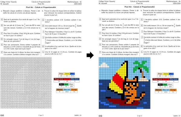 Fiche d'exercice de type pixel art sur des problèmes de mathématiques. On y voit une première fiche à gauche avec une grille vierge, puis la même fiche à droite avec le pixel art colorier avec un chat qui fait de la planche à voile. Il y a une flèche noire gauche vers la droite entre les deux fiches.